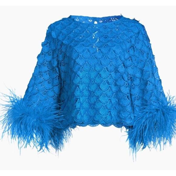 $595 Ungaro Paloma Feather Trim Lace Cope Blue Blouse Size Large